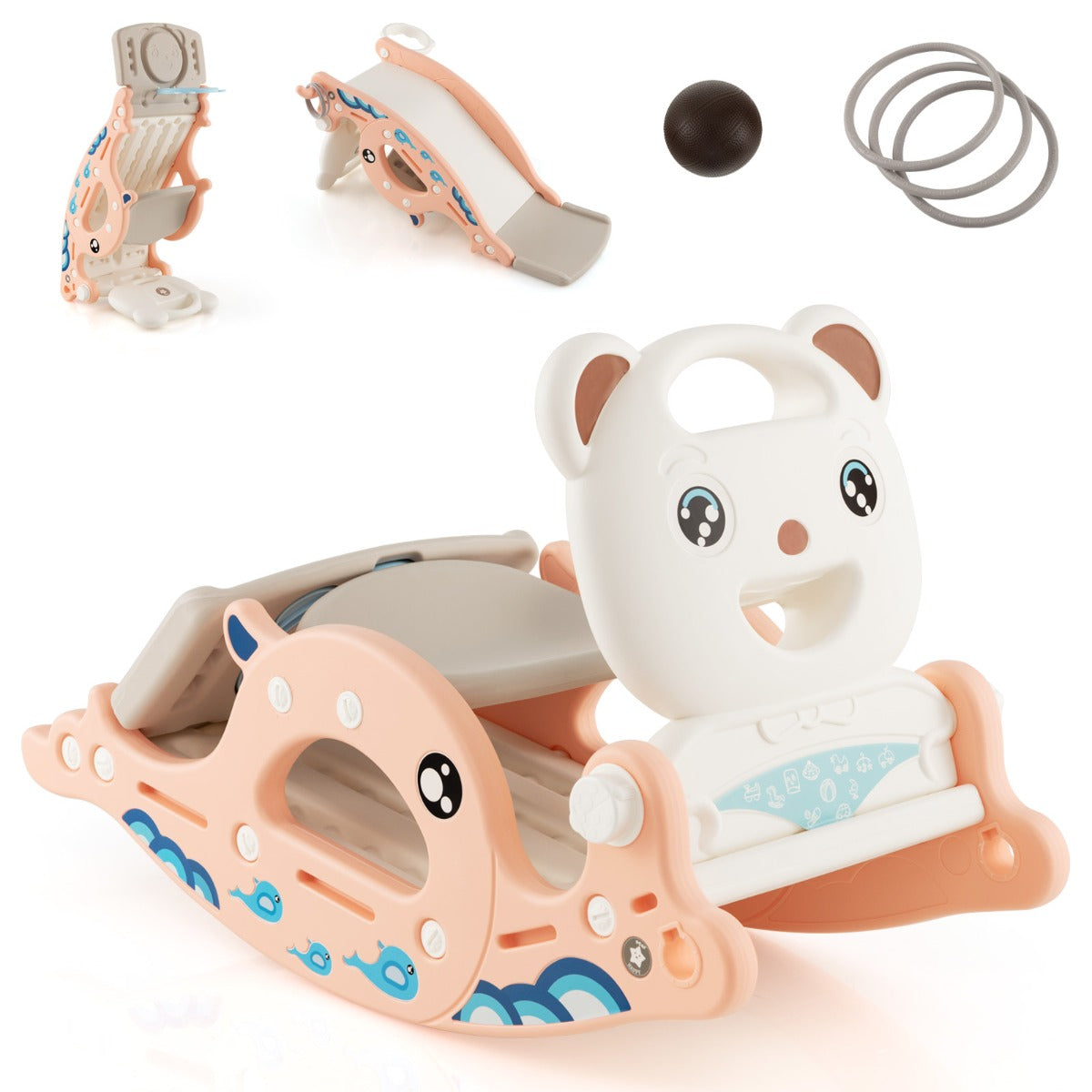 4-in-1 Kids Slide Rocking Horse with Basketball &amp; Ring Toss for Kids 1-4 Years Old-Pink