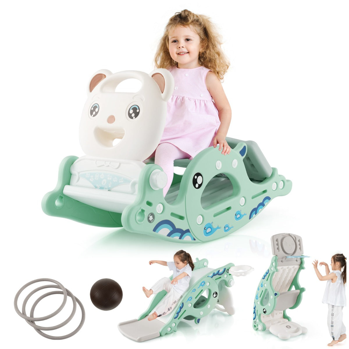 4-in-1 Kids Slide Rocking Horse with Basketball &amp; Ring Toss for Kids 1-4 Years Old-Green
