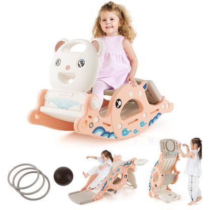 4-in-1 Kids Slide Rocking Horse with Basketball &amp; Ring Toss for Kids 1-4 Years Old-Pink