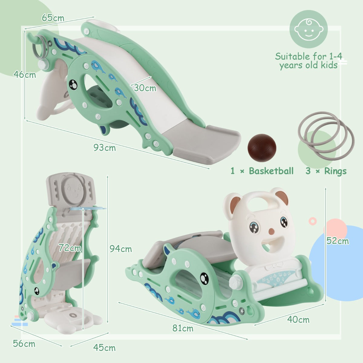 4-in-1 Kids Slide Rocking Horse with Basketball &amp; Ring Toss for Kids 1-4 Years Old-Green
