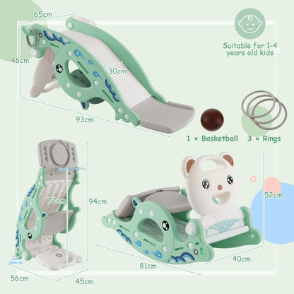 4-in-1 Kids Slide Rocking Horse with Basketball &amp; Ring Toss for Kids 1-4 Years Old-Green