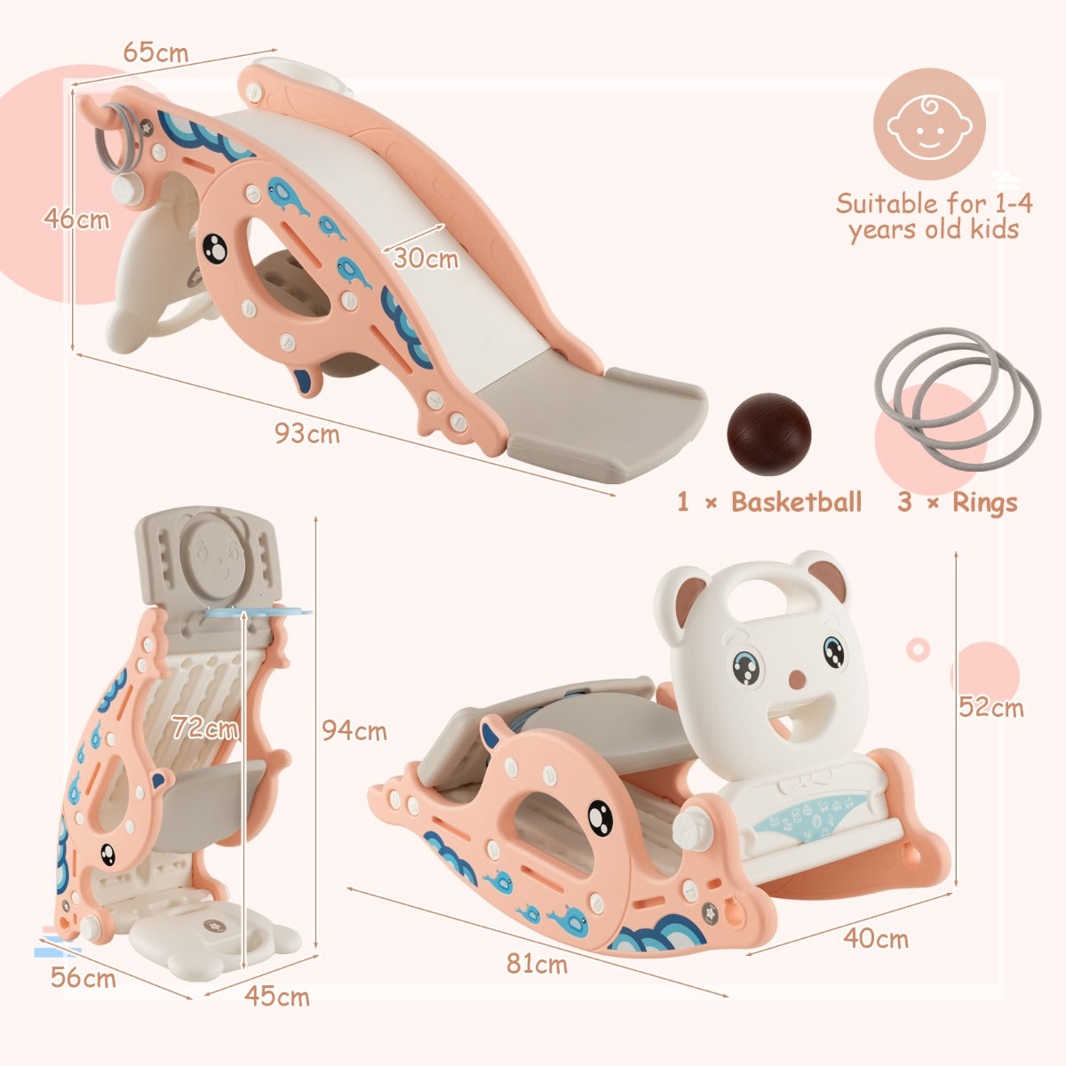 4-in-1 Kids Slide Rocking Horse with Basketball &amp; Ring Toss for Kids 1-4 Years Old-Pink