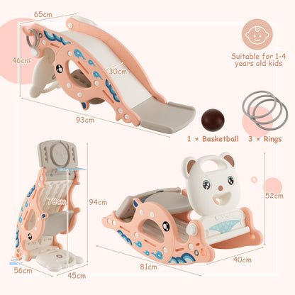 4-in-1 Kids Slide Rocking Horse with Basketball &amp; Ring Toss for Kids 1-4 Years Old-Pink