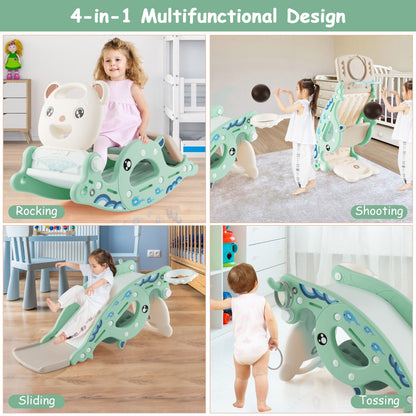 4-in-1 Kids Slide Rocking Horse with Basketball &amp; Ring Toss for Kids 1-4 Years Old-Green