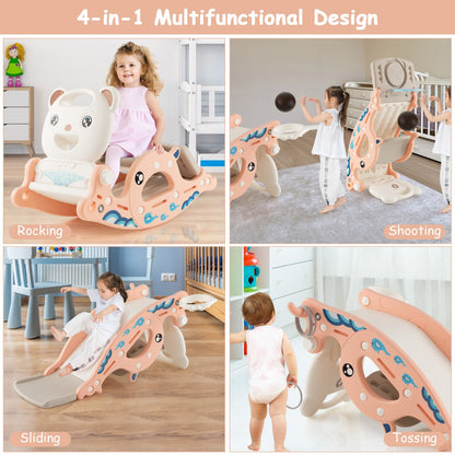 4-in-1 Kids Slide Rocking Horse with Basketball &amp; Ring Toss for Kids 1-4 Years Old-Pink