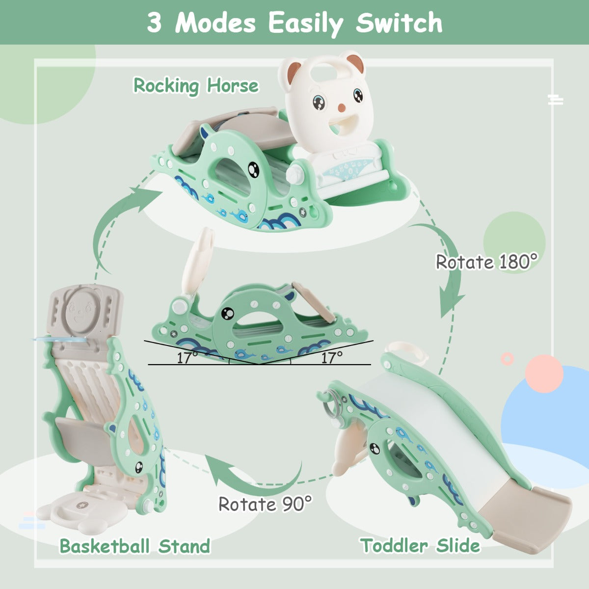 4-in-1 Kids Slide Rocking Horse with Basketball &amp; Ring Toss for Kids 1-4 Years Old-Green