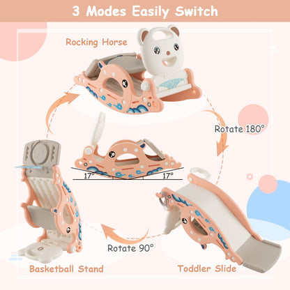 4-in-1 Kids Slide Rocking Horse with Basketball &amp; Ring Toss for Kids 1-4 Years Old-Pink