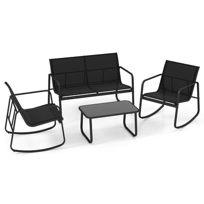 4 Piece Patio Rocking Set with Glass-Top Table-Black
