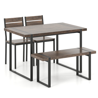 4-Piece Wooden Rectangular Dining Table Set with 1 Bench and 2 Armless Chairs for 4-Grey