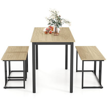 4-Piece Dining Table Set with Bench and 2 Stools for 4 Persons-Natural