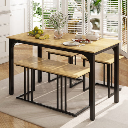 4-Piece Dining Table Set with Bench and 2 Stools for 4 Persons-Natural
