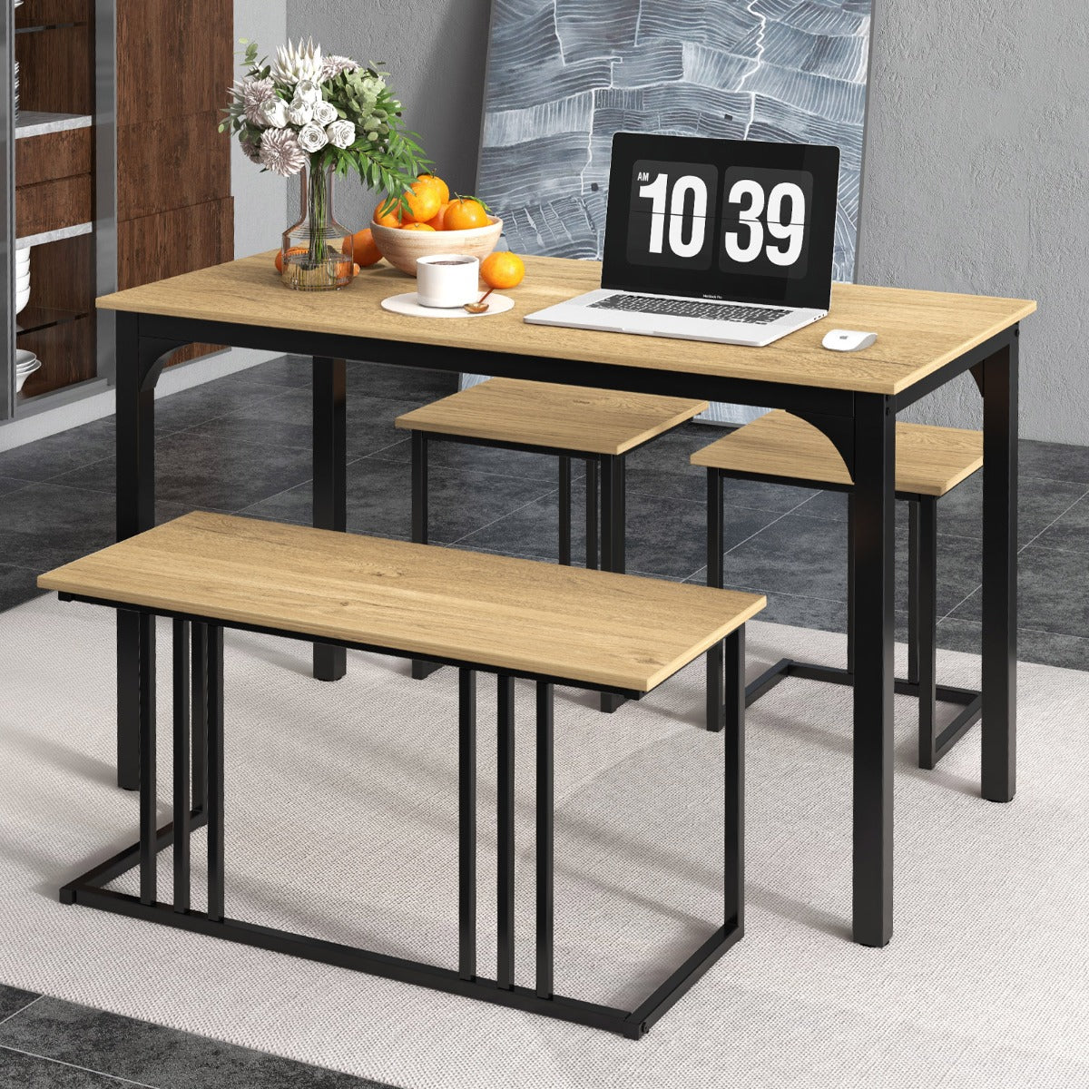 4-Piece Dining Table Set with Bench and 2 Stools for 4 Persons-Natural