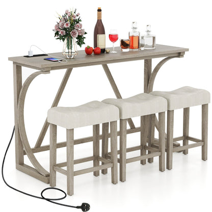 4-Piece Height Bistro Table and Saddle Seat Stools with Power Outlet-Grey