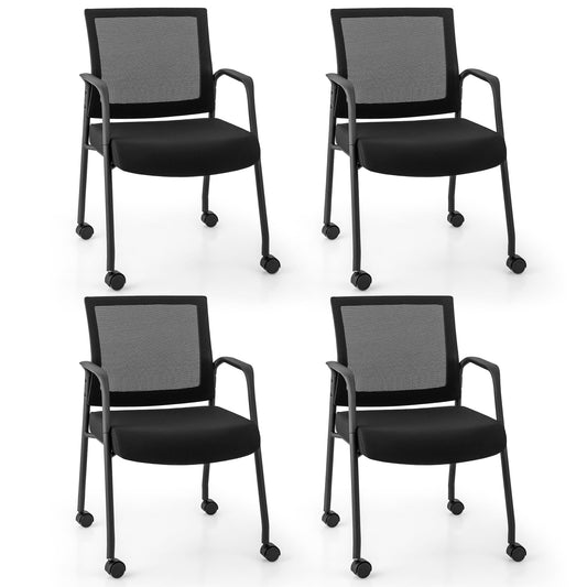 4 Pieces Office Guest Chairs on Wheels in Black