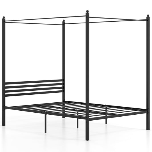 4-Poster Metal Platform Bed with Headboard and Under-Bed Storage