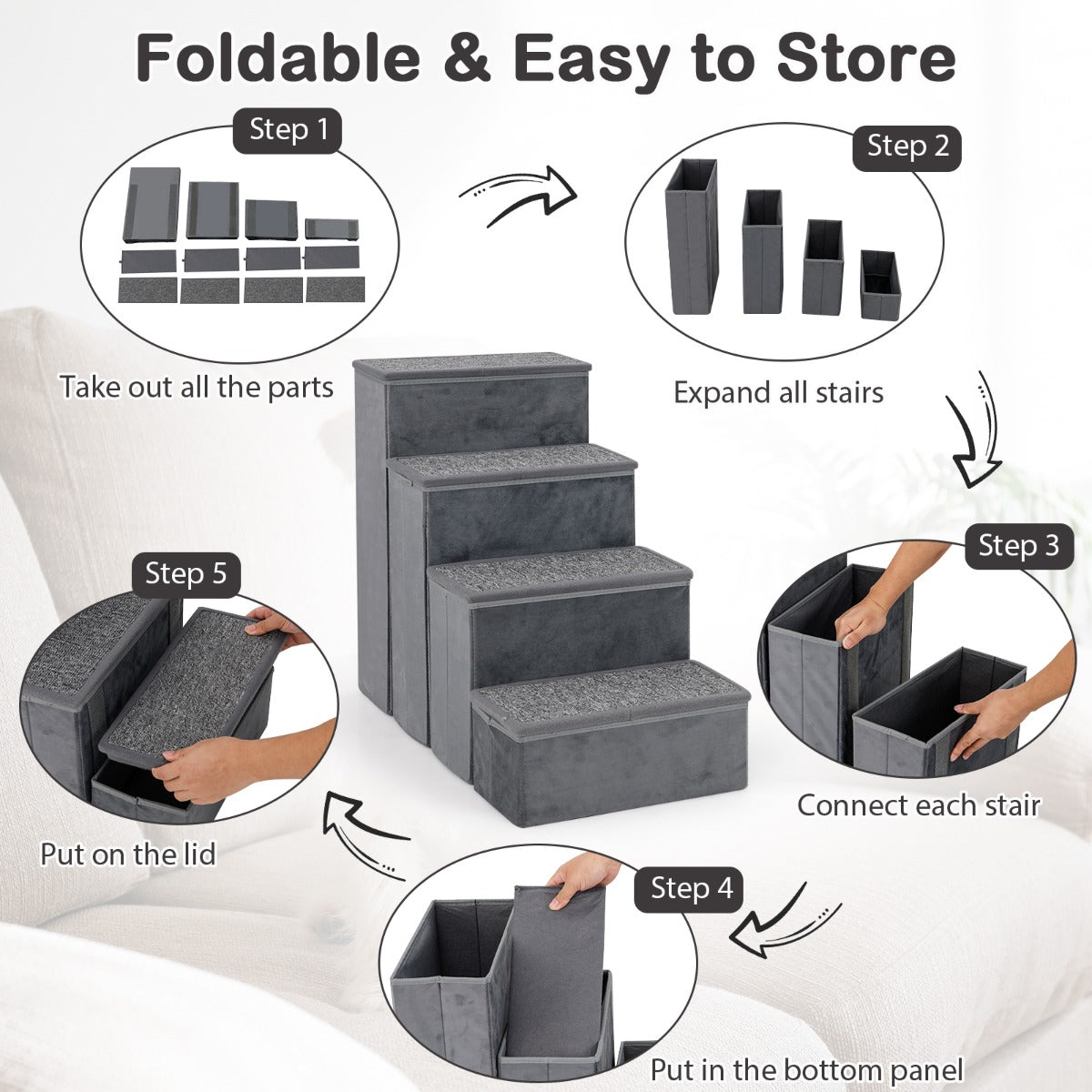 4-Step Non-slip Foldable Dog Ramp with Adjustable Steps-Grey