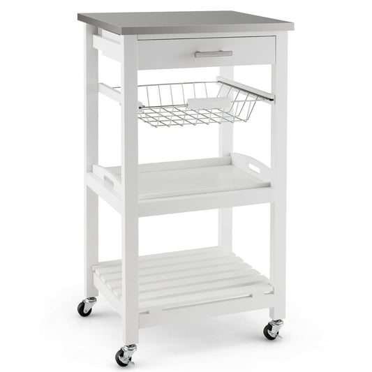 4-Tier Rolling Trolley Cart with Lock Wheels Basket and Drawer-White
