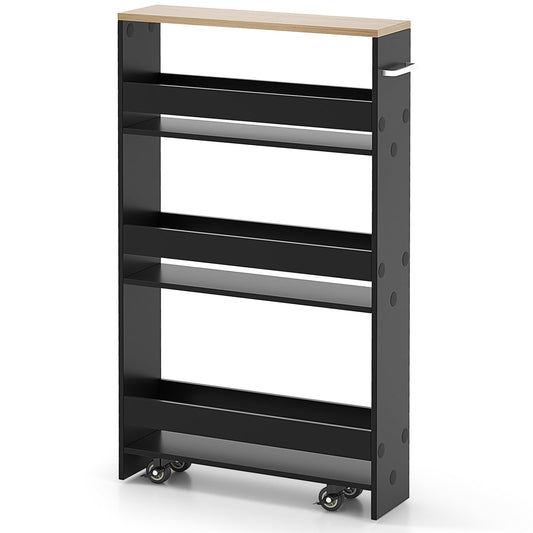 4-Tier Slim Storage Cart with Open Shelves and Wheels in Black