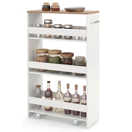 4-Tier Slim Storage Cart with Open Shelves in White and Natural