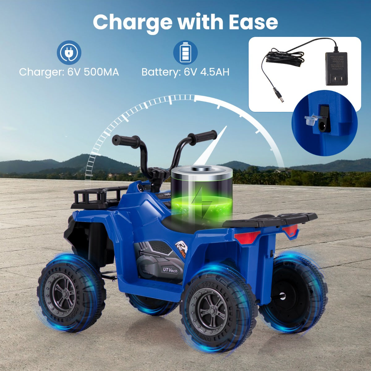 6V 4-Wheeler Quad Car with One-Button Start and Tread Tires-Navy