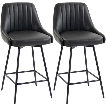 HOMCOM Bar Stools Set of 2, Swivel Counter Height Barstools with PU Leather, for Kitchen Island, Dining Room, Dark Grey