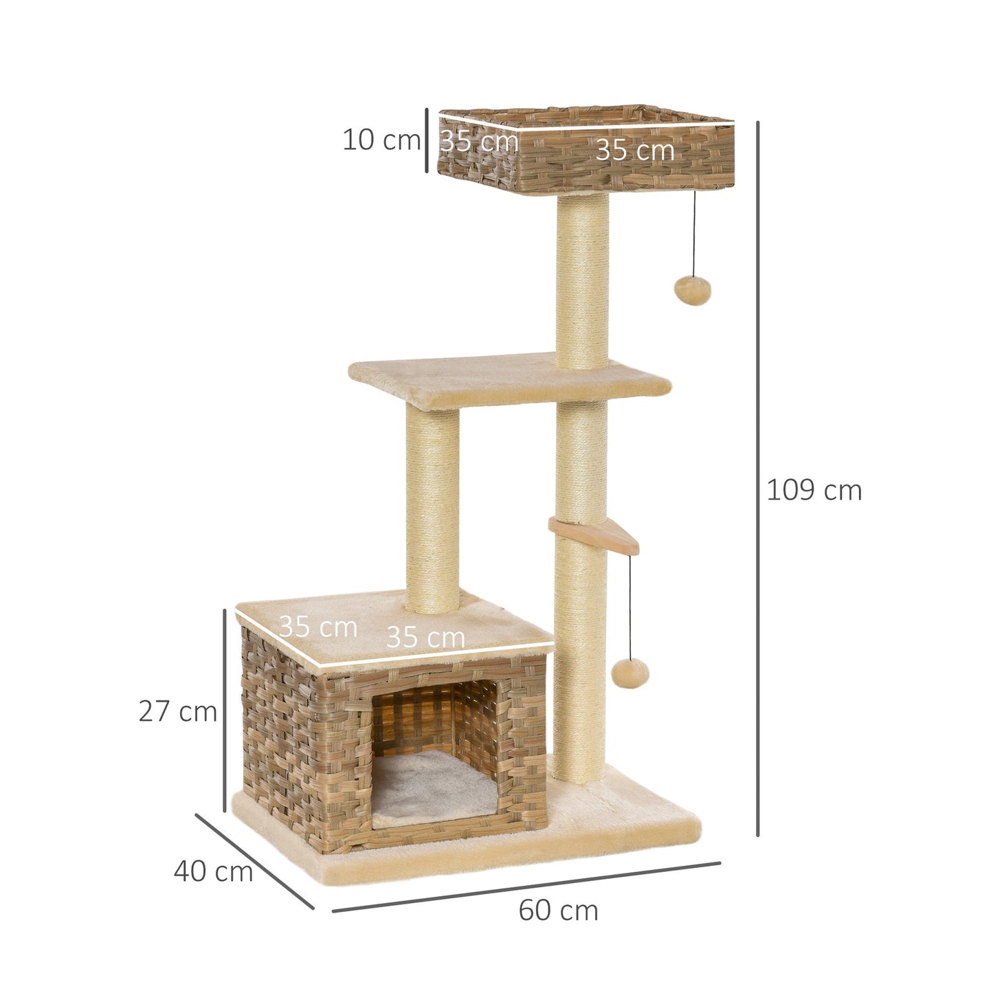 PawHut Cat Tree Tower Climb Activity Centre Kitten Rattan 60 x 40 x 109cm