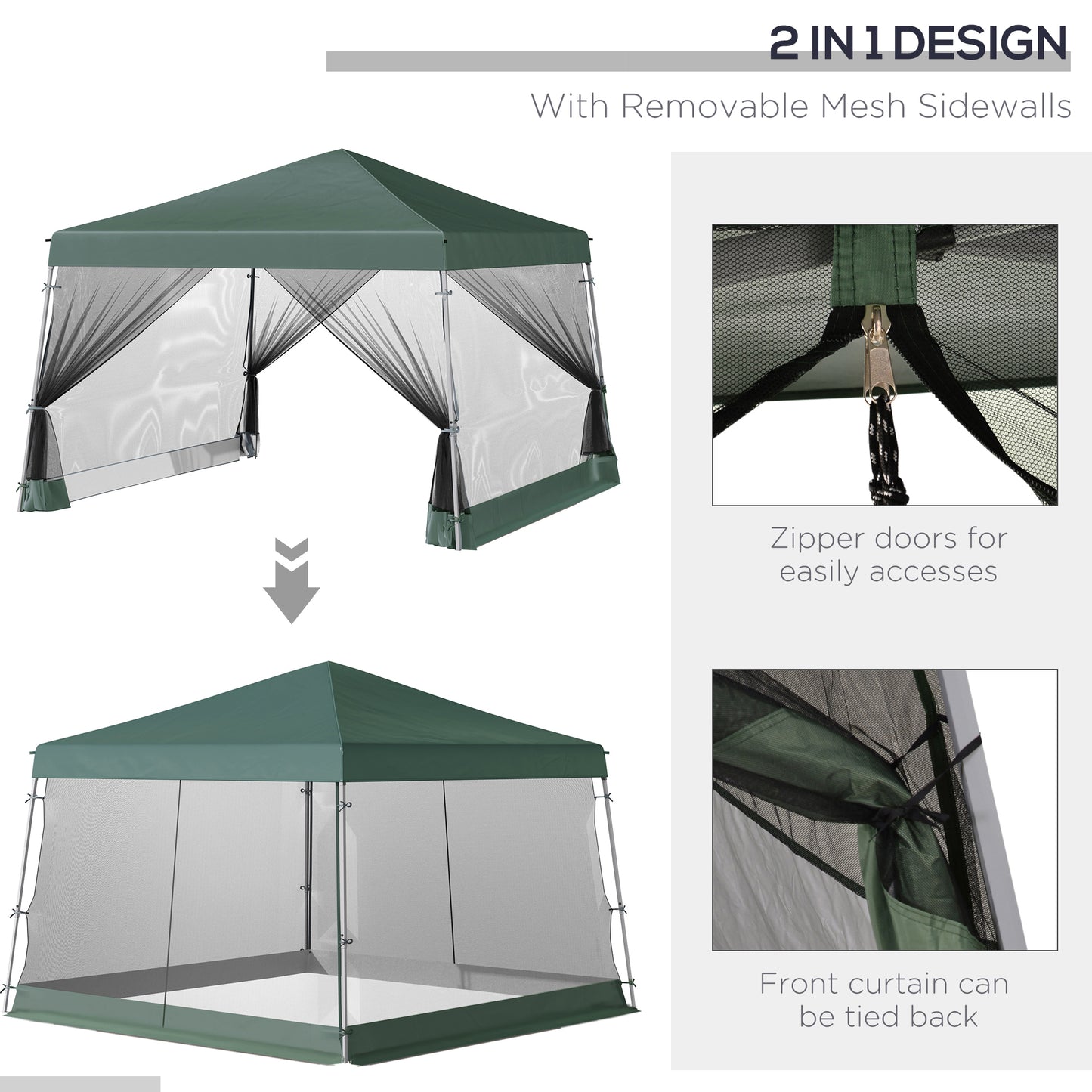 Namiot ogrodowy Outsunny Outdoor z baldachimem, składany, z regulowaną wysokością, siatką, ścianami bocznymi, 3,5 m, podstawa 3,5 m / góra 3 m, kolor zielony
