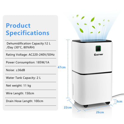 12L Ultra-quiet, Portable, Electric Dehumidifier with 3 Modes