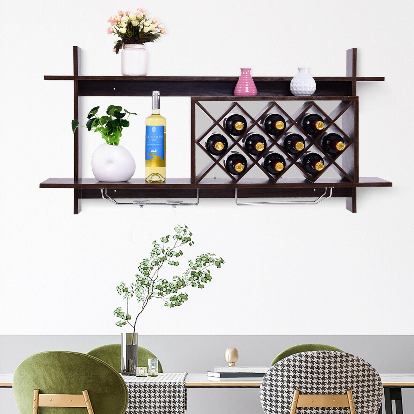 Wall-mounted Wine Rack with Wine Glass Holder-Walnut