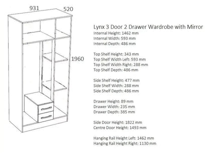 Lynx 3 Door 2 Drawer Mirrored Wardrobe - White