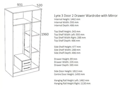 Lynx 3 Door 2 Drawer Mirrored Wardrobe - White and Grey