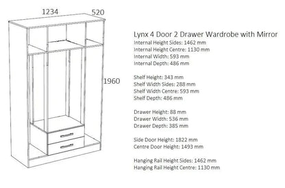 Lynx 4 Door 2 Drawer Mirrored Wardrobe - White