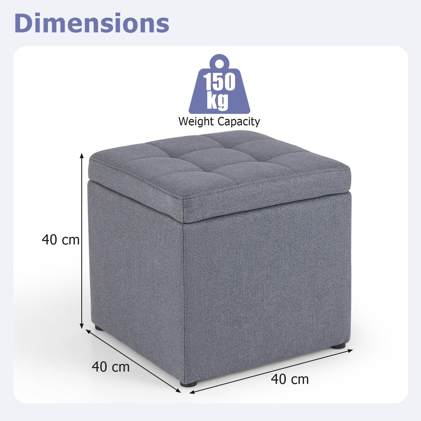 40 cm Square Storage Ottoman Linen Fabric Footstool with Lid-Grey