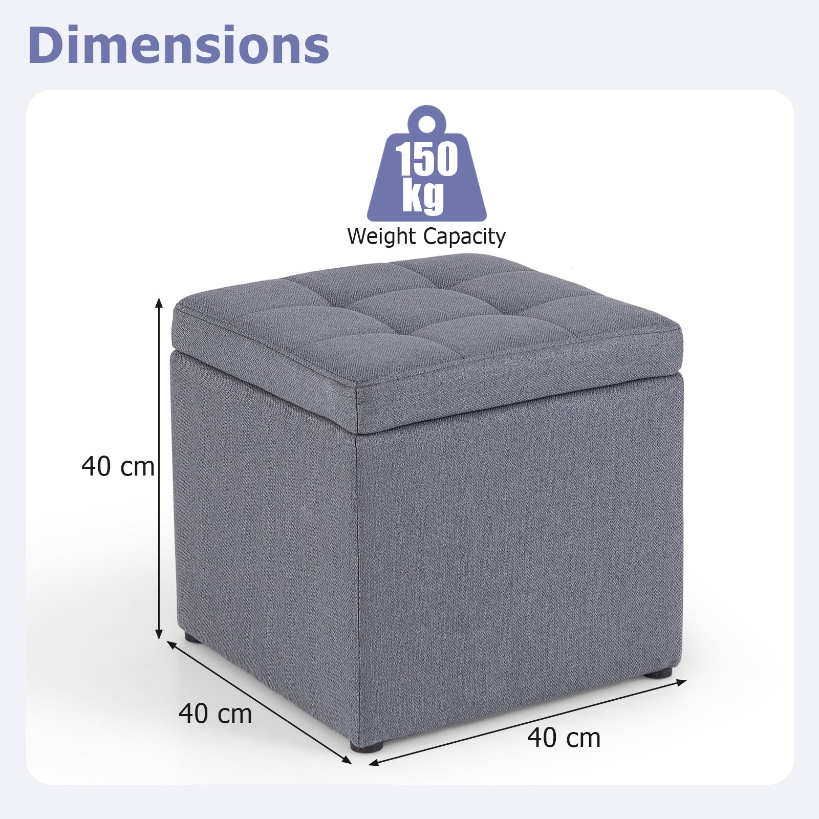 40 cm Square Storage Ottoman Linen Fabric Footstool with Lid-Grey