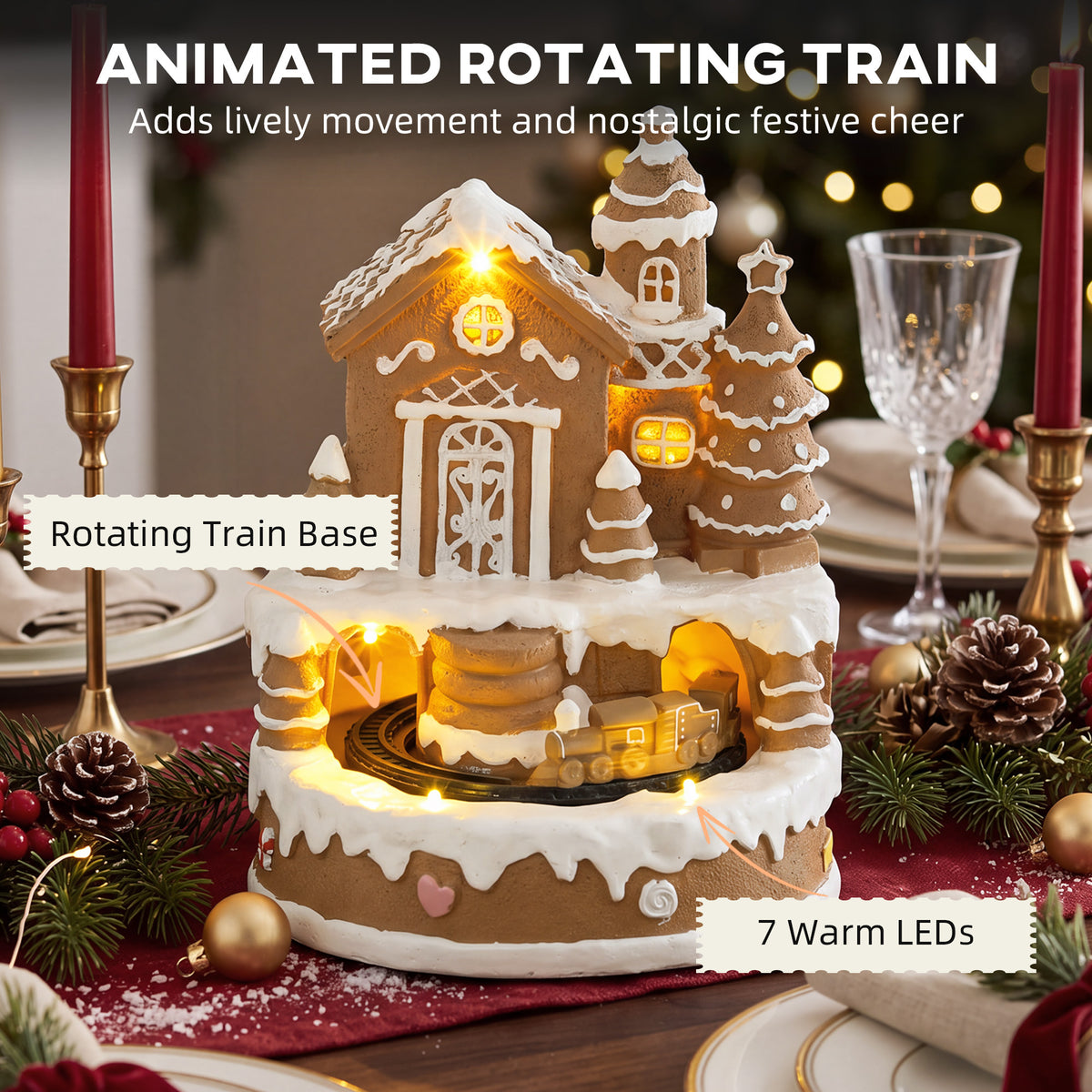 HOMCOM Christmas Gingerbread House, Lighted Musical Snow Village with Rotating Train, LEDs, Tunes, Battery Operated