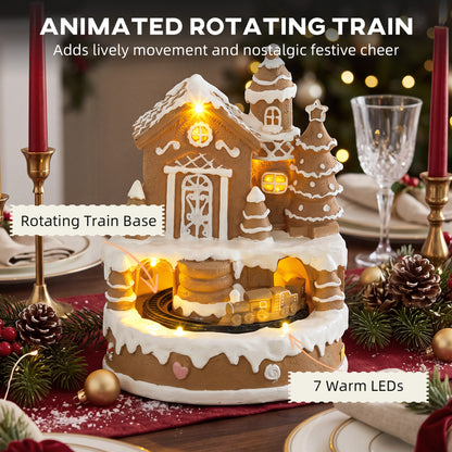 HOMCOM Christmas Gingerbread House, Lighted Musical Snow Village with Rotating Train, LEDs, Tunes, Battery Operated