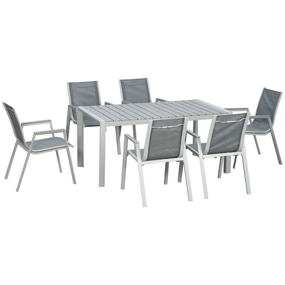 Outsunny 7 Pieces Garden Dining Set, Outdoor Table and 6 Armchairs, Aluminium Frame, Slatted Wood Grain Plastic Top Table, Breathable Mesh Fabric Seats and Backrest, Light Grey