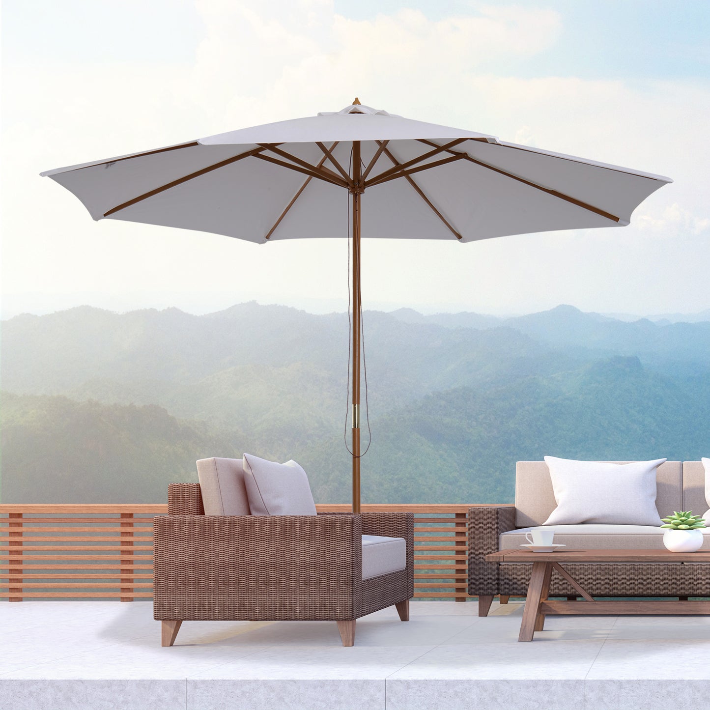 Outsunny 3(m) Garden Parasol, Pulley Operated Patio Umbrella, Wooden Table Market Umbrella with Rope Pulley Mechanism and 8 Ribs, Cream White