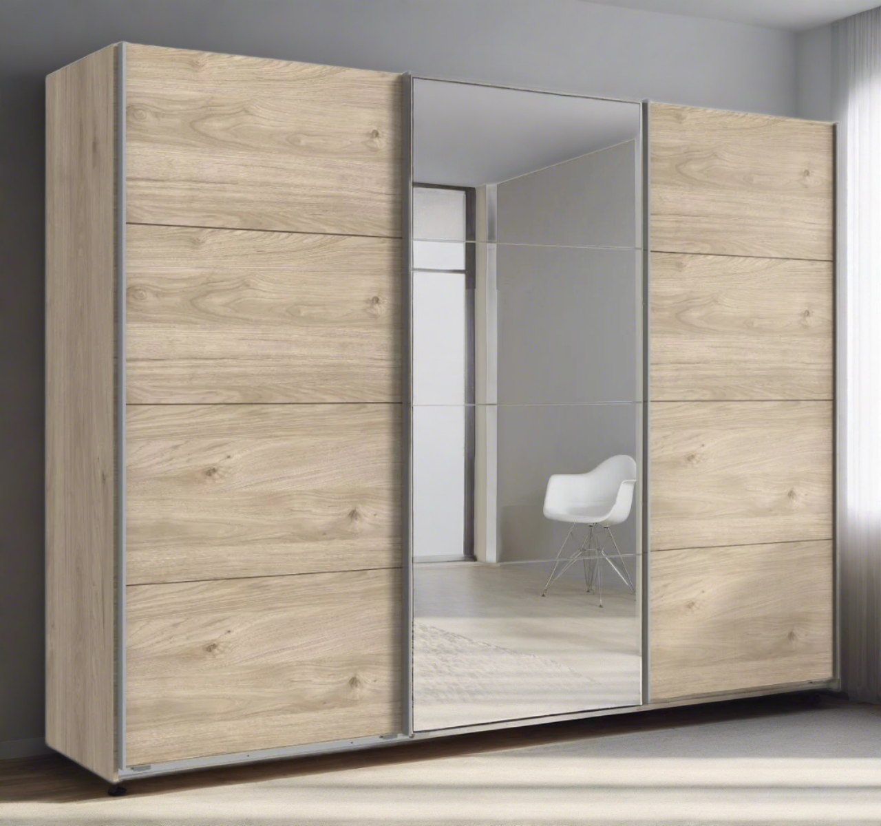 Erasmus 3 Door Mirrored Sliding Wardrobe - Hickory Oak