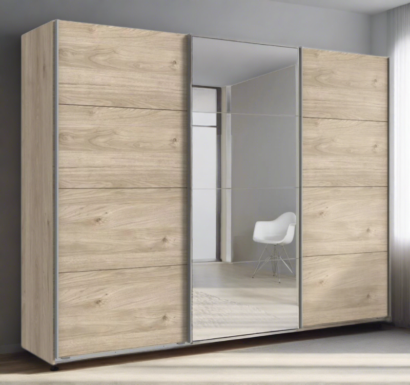 Wooden wardrobe with sliding doors in a room setting