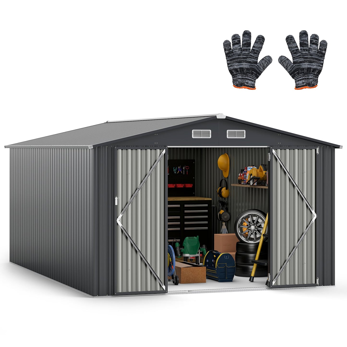 426 cm x 300 cm Outdoor Storage Shed Large Garden Tool House-Dark Grey