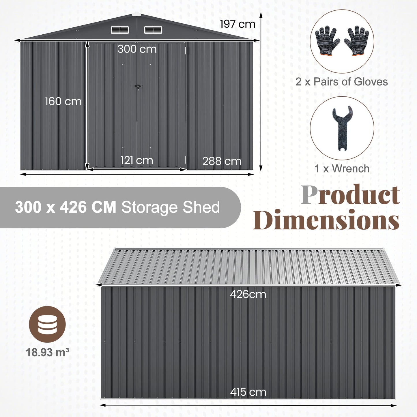 426 cm x 300 cm Outdoor Storage Shed Large Garden Tool House-Dark Grey