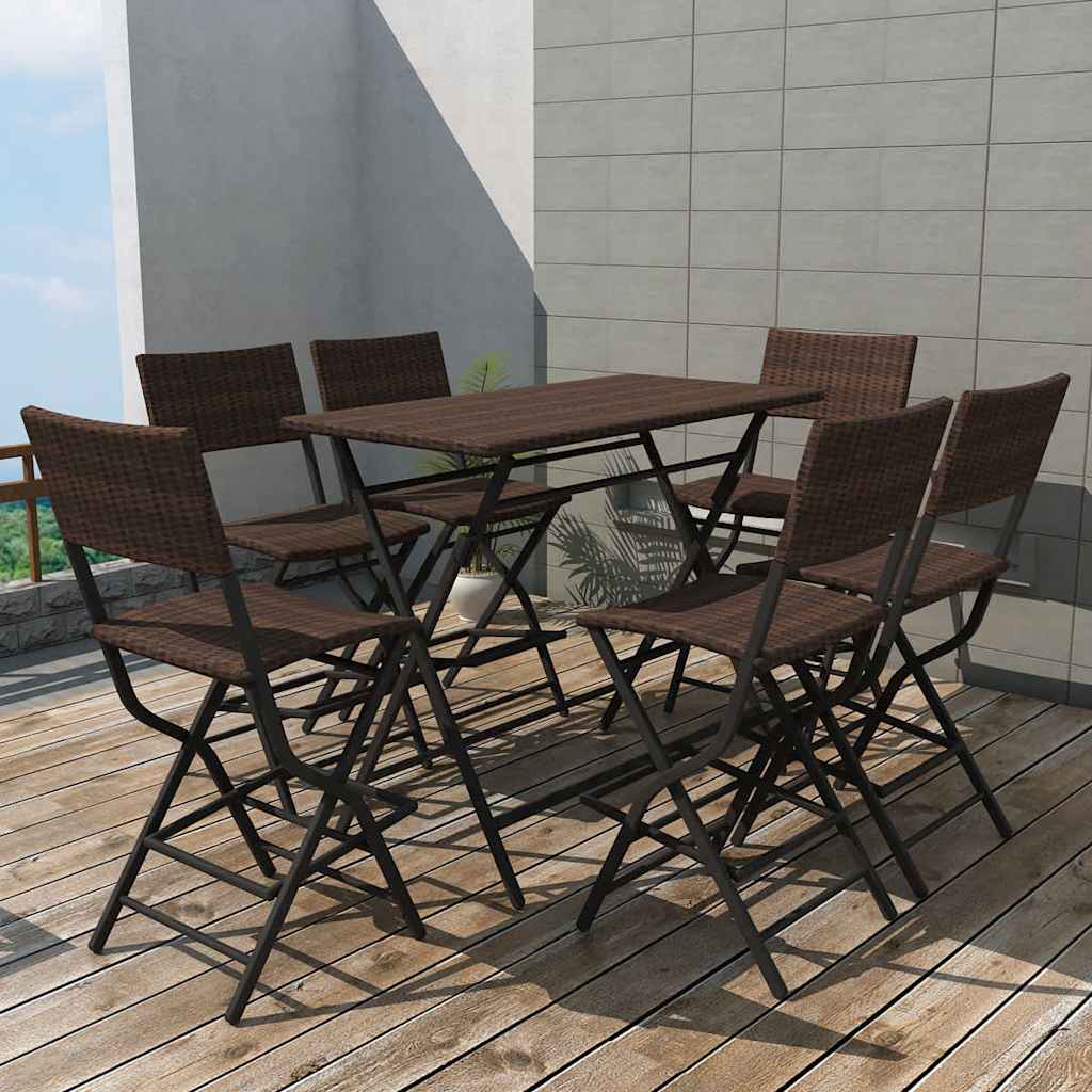 42877 vidaXL 7 Piece Folding Outdoor Dining Set Steel Poly Rattan Brown 1