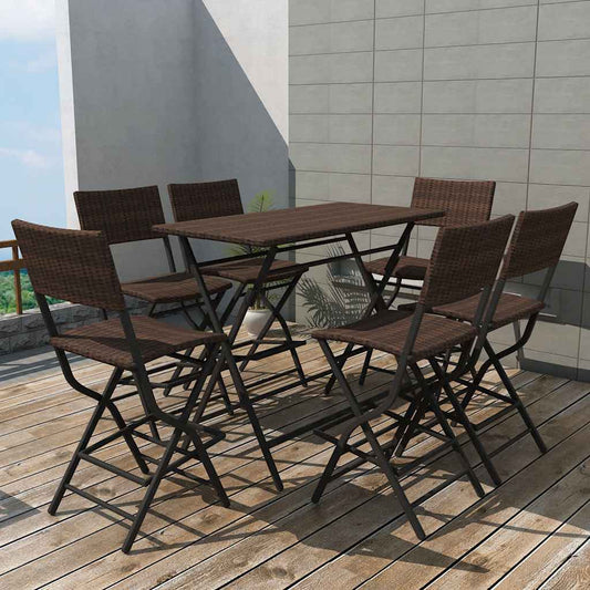 42877 vidaXL 7 Piece Folding Outdoor Dining Set Steel Poly Rattan Brown 1