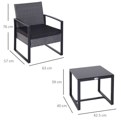 Outsunny PE Rattan Garden Furniture 2 مقاعد فناء بيسترو مجموعة نسج حديقة شتوية أريكة طاولة القهوة وكراسي مجموعة رمادي