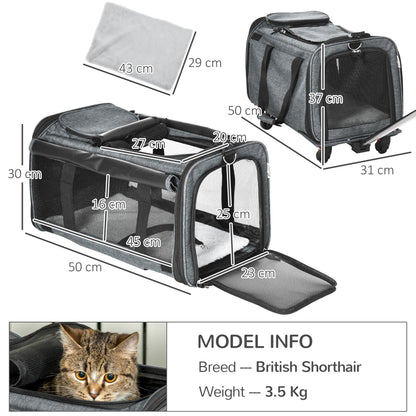 PawHut 4 in 1 Pet Carrier On Wheels for Cats, Miniature Dogs with Telescopic Handle, Storage, Grey