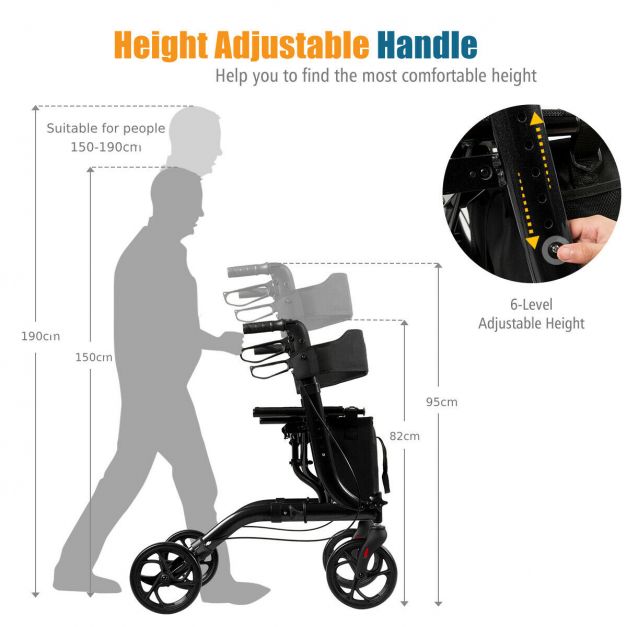 Folding Aluminium Rollator Walker Mobility Aid With 4 Wheels-Black