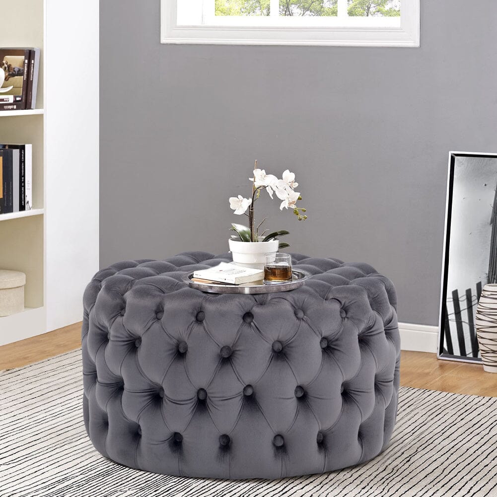Round Velvet Upholstered Buttoned Footstool