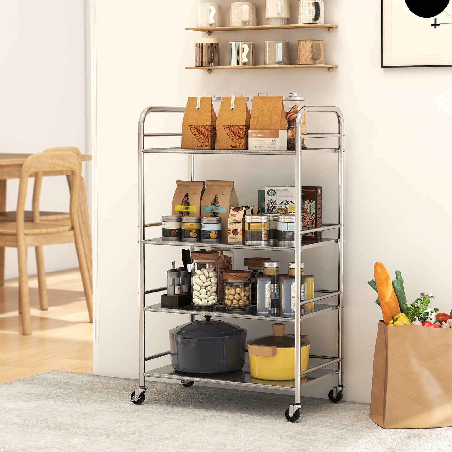 HOMCOM 4 Tier Stainless Steel Kitchen Storage Trolley with Adjustable Shelves - Silver