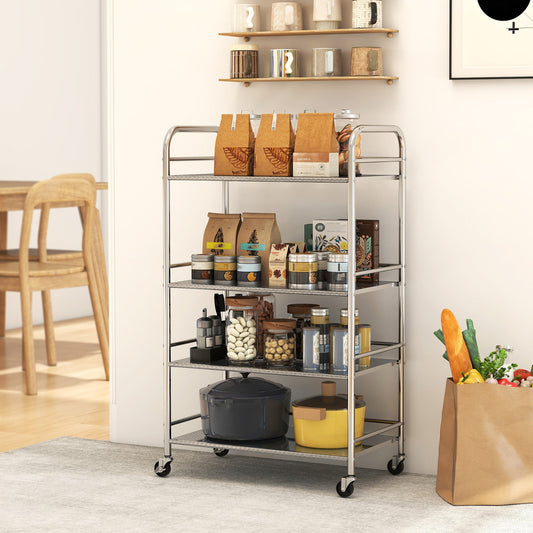HOMCOM 4 Tier Stainless Steel Kitchen Storage Trolley with Adjustable Shelves - Silver
